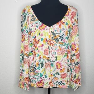 Old Navy Womens Babydoll Tropical Print Blouse Top Size L Travel Bohemian Vacay